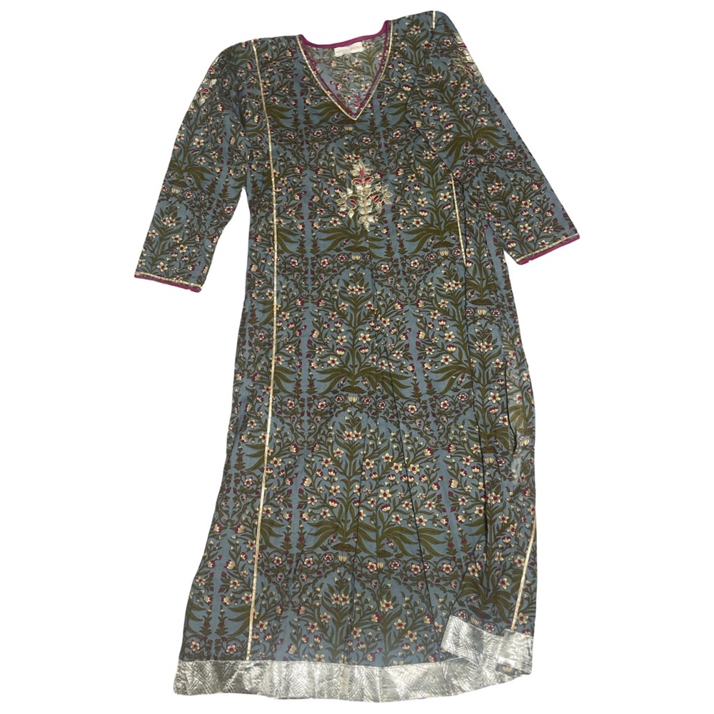 Maison Shefali Hand Block Print Dress - Small - Blue/White/Green Floral